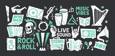 Music sticker art with crayon graffiti rock roll drawn texture. Crayon music poster combines punk note and grunge pattern. Doodle band element for street graphic design.