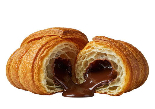 A freshly baked, golden-brown croissant dramatically torn in half, with molten dark chocolate ganache oozing, on a transparent background. Concept of irresistible indulgence.