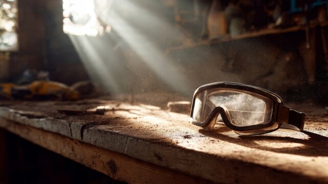 Safety goggles on dusty workbench workshop closeup photography sunlight beam industrial environment