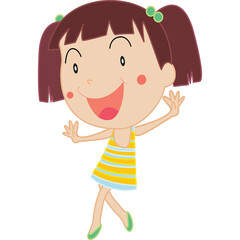 Happy cartoon girl with brown hair wearing a yellow and blue striped dress and green flip flops dancing with joy on a transparent background