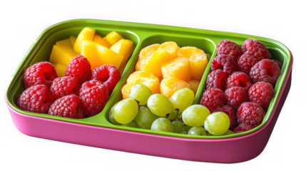 Healthy lunchbox with compartments filled with fresh raspberries, pineapple chunks, and green grapes