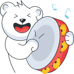 Happy Cartoon Polar Bear Playing a Tambourine with Musical Notes Floating in the Air Isolated on Transparent Background