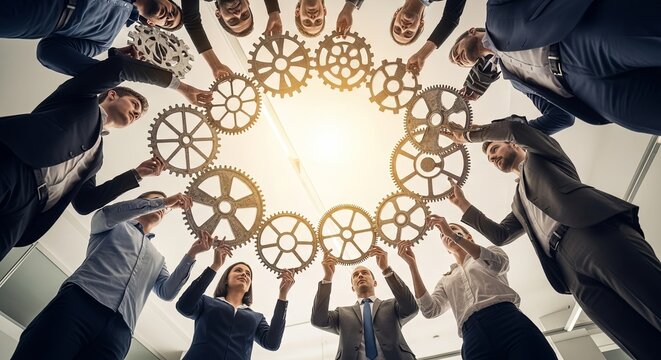 A diverse business team stands in a circle connecting gears together, symbolizing teamwork, collaboration, and synergy. - Powered by Adobe