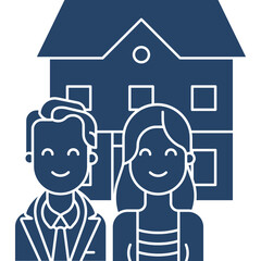 Happy Couple Standing In Front Of Their House A Blue Cartoon Illustration Representing Home Ownership And Family Life.