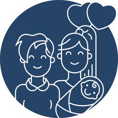 Happy family couple with baby and heart shapes above heads celebrating new life and love in a simple white line art illustration on dark blue circle background symbolizing unity and togetherness
