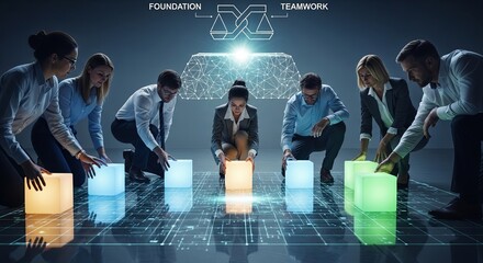 Diverse business team building a foundation together with glowing cubes on a futuristic digital grid.