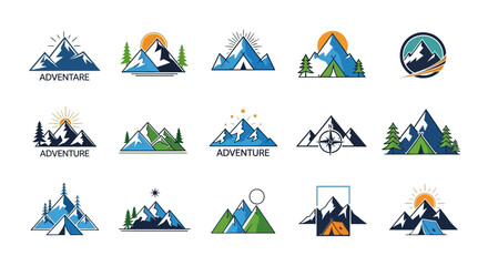 Collection of modern vector logos for outdoor adventure. Stylized mountain peaks, sun motifs, and nature elements, ideal for travel, hiking, and exploration branding