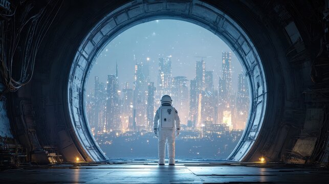 astronaut standing before glowing portal in futuristic cityscape - Powered by Adobe