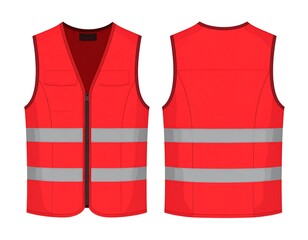 Illustration of a red safety vest, front and back views, with reflective stripes