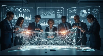 A diverse team of business professionals in a futuristic control room analyzing a complex glowing data network.