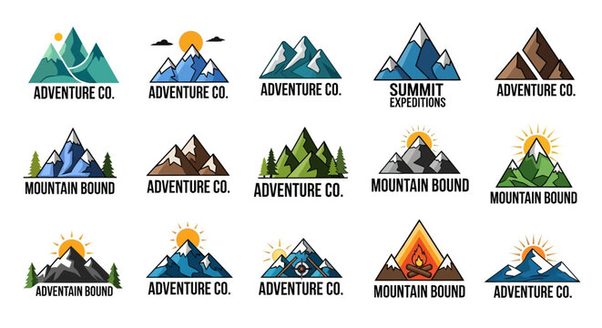 A diverse set of mountain peak logos and outdoor adventure emblems. A collection of nature travel symbols and expedition badge templates for branding
