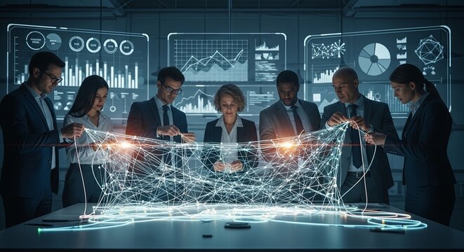 A diverse team of business professionals in a futuristic control room analyzing a complex glowing data network.