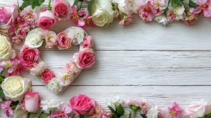 Romantic valentine’s day floral frame with red and pink roses, heart-shaped decoration, and scattered petals on rustic white wooden background for love and celebration concept