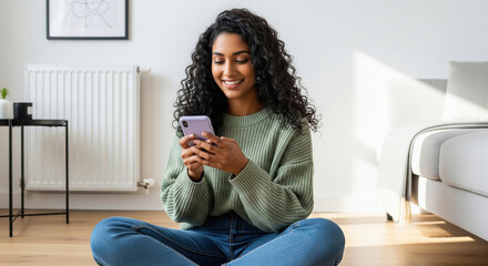 Happy Young Woman Using Smartphone While Relaxing at Home