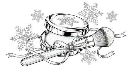 Elegant makeup powder compact and brush adorned with festive ribbon and delicate snowflakes, perfect for holiday beauty promotions.