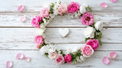 Romantic valentine’s day floral frame with red and pink roses, heart-shaped decoration, and scattered petals on rustic white wooden background for love and celebration concept