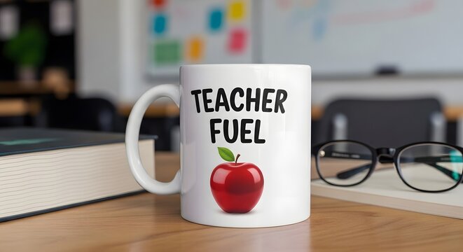 A white ceramic mug with the phrase 'Teacher Fuel' and an graphic sitting on a wooden desk in a classroom setting with glasses and a book nearby