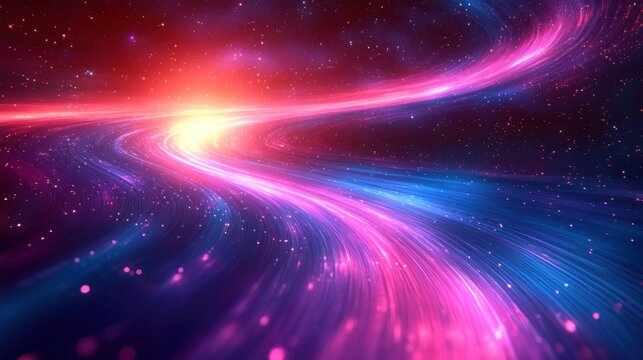 Abstract swirling cosmic paths of vibrant pink, blue, and red light