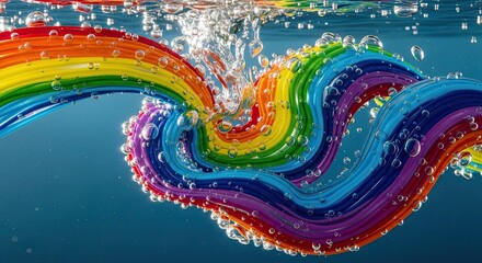 Rainbow colored object underwater with bubbles and movement showcasing vibrancy and fluidity