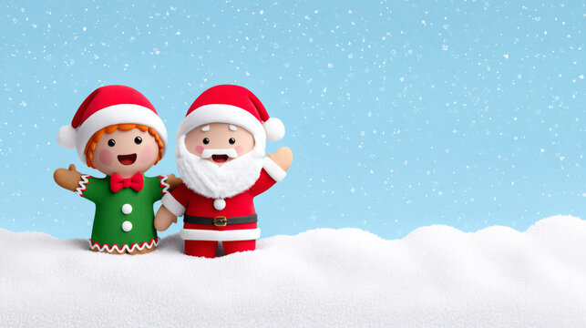 Cheerful holiday characters, a smiling Santa Claus and an elf in festive attire, are joyfully posing in a snowy winter landscape, celebrating the spirit of Christmas