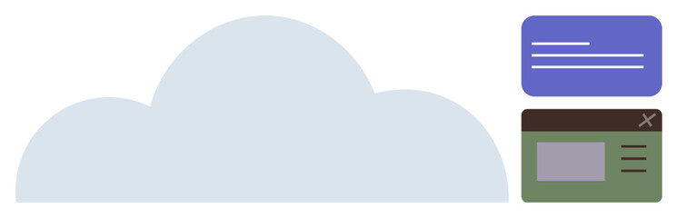 Obraz premium Large cloud element with two interface windows for messaging and organization. Ideal for data storage, cloud computing, digital communication, web hosting, collaboration, online file management