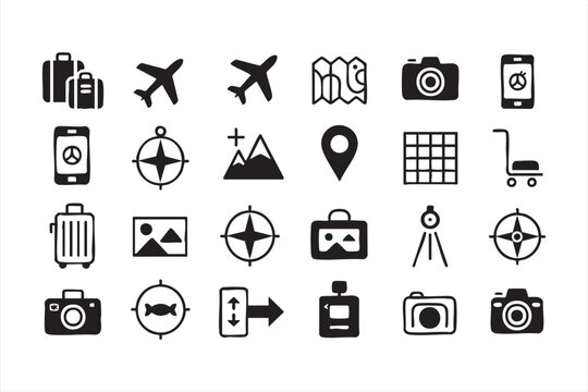 Minimal line art travel symbols for tourism, navigation, and photography branding