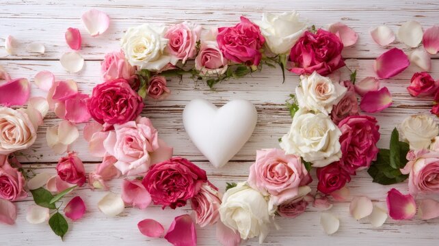 Romantic valentine’s day floral frame with red and pink roses, heart-shaped decoration, and scattered petals on rustic white wooden background for love and celebration concept - Powered by Adobe