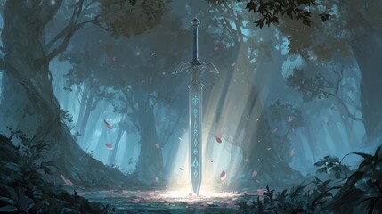 Radiant spirit sword glows within a misty forest shrine