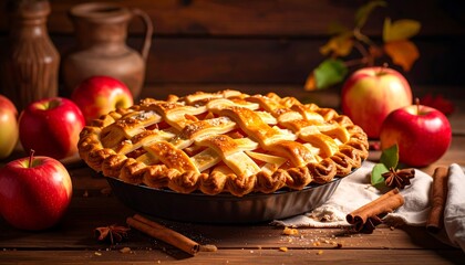 Delicious Homemade Apple Pie with Autumnal Accents on Wooden Table.