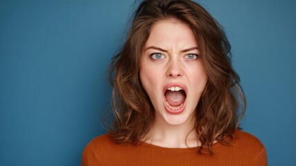 Raw emotion captured: woman in a blue studio portrait mid-scream