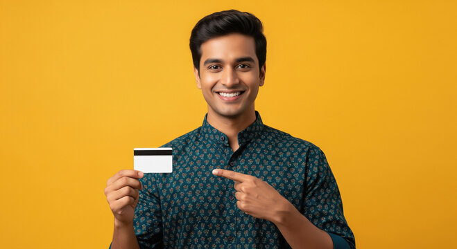 A confident Indian businessman showing card, representing financial success and modern banking. - Powered by Adobe