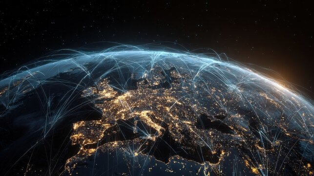 a digital representation of earth showcasing glowing data lines and city lights illustrating technology and global connectivity - Powered by Adobe