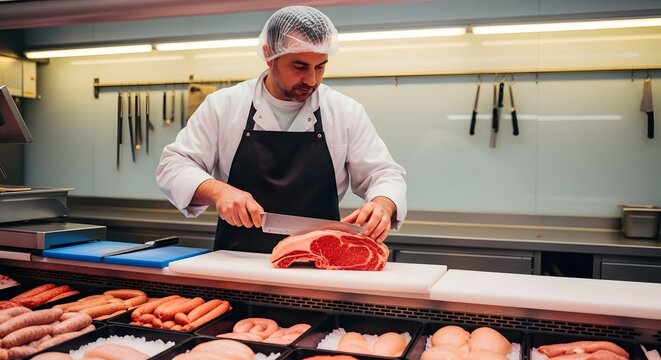 Butcher preparing fresh meat in a professional meat shop with various cuts displayed on the counter and knives hanging in the background