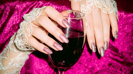  a glass of red wine in the hands of a vampire, AI generated