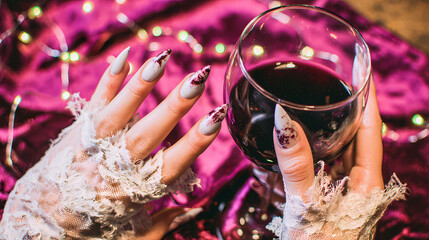  a glass of red wine in the hands of a vampire, AI generated