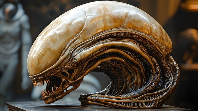 A detailed sculpture of a menacing alien creature s head with sharp teeth
