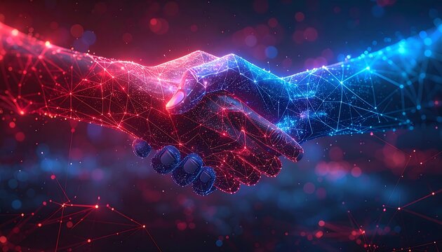 Digital handshake rendered in red and blue, glowing with a network - Powered by Adobe