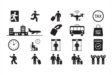 Black and white airport travel icons with luggage, bus, and security vector