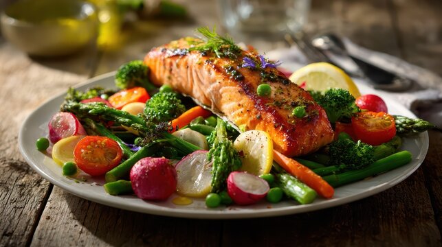 Roasted salmon steak with a colorful medley of vegetables on a white plate