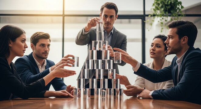 A dedicated business team works together, building a pyramid of cans on a conference room table, symbolizing collaboration and strategy.