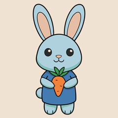 Cute blue cartoon bunny holding a carrot wearing a blue shirt