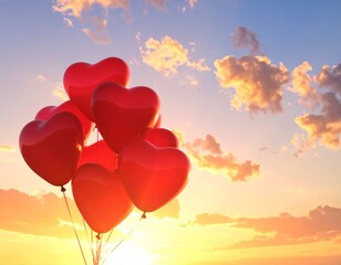 Fototapeta premium Red heart-shaped balloons floating in a bright morning sky with soft sunlight rays and white clouds. Romantic, dreamy scene perfect for love, romance, or Valentine’s Day designs