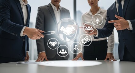 Business team collaborating around a table with a glowing holographic interface of partnership icons.
