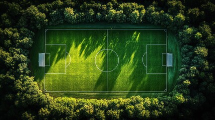 Aerial view of a soccer field surrounded by trees