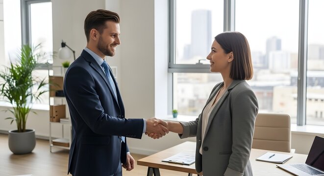 A professional handshake between a man and a woman in business attire inside a modern office with large windows and cityscape view