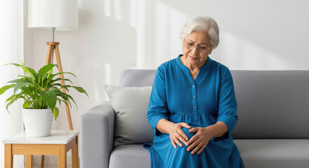 A senior woman holding her sore knee with a look of discomfort, highlighting pain or injury