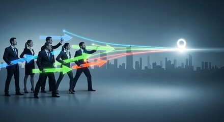 A diverse business team holds glowing arrows pointing towards a common goal over a city skyline.