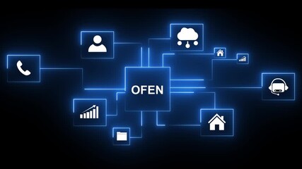 Open cloud network concept with glowing neon icons for business collaboration communication growth security and innovation on dark background digital technology abstract,4k animation motion video - Powered by Adobe