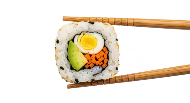 Uramaki Sushi Roll With Quail Egg Avocado Held By Chopsticks