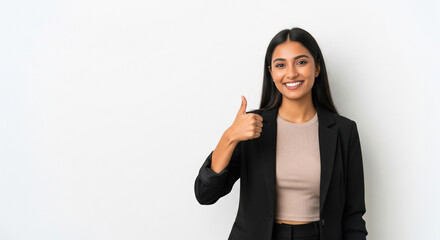 Young business woman smiling, giving thumbs up, looking confident.